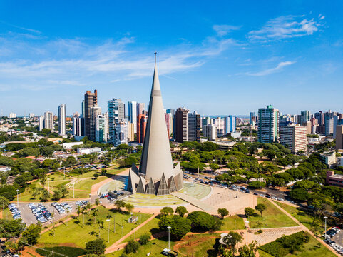 Maring&aacute;, PR - Aerial view of the Maring&aacute; Cathedral and the city center.