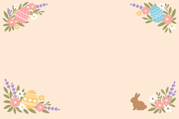 Obraz premium Easter border with colorful eggs, flowers, and bunny on pastel background