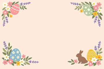 Fototapeta premium Easter-themed floral border with eggs and bunny on pastel background