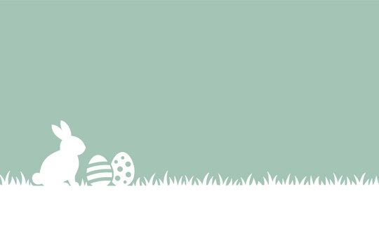 Minimalist easter bunny with decorated eggs on green background