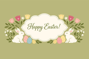 Obraz premium Happy easter greeting with floral and bunny decorations on green background
