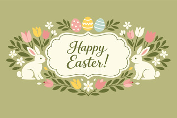 Fototapeta premium Happy easter greeting with bunnies, eggs, and flowers
