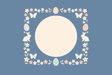 Fototapeta premium Easter frame with eggs, bunnies, flowers, and butterflies on blue background