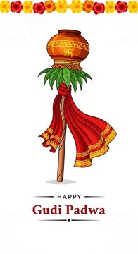 Bright Gudi Padwa illustration: traditional Gudi with a decorated copper pot, vibrant red silk cloth, and mango leaves, symbolizing the Hindu New Year.