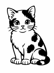 Fototapeta premium Black and white spotted kitten sitting with a curious expression and playful contrast patches. Cute outline vector pet illustration for coloring pages, stickers and nursery themes.