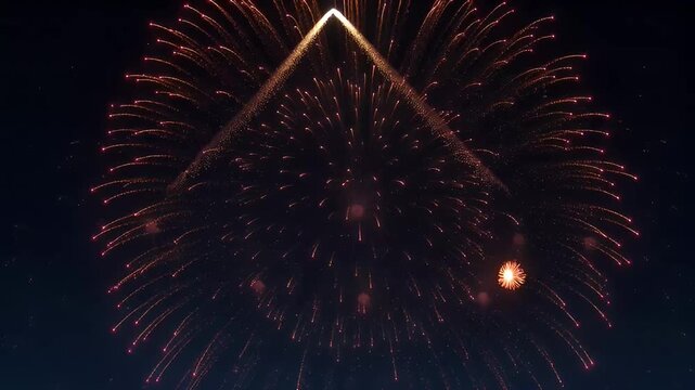 Spectacular fireworks display illuminating the night sky with golden trails and triangle