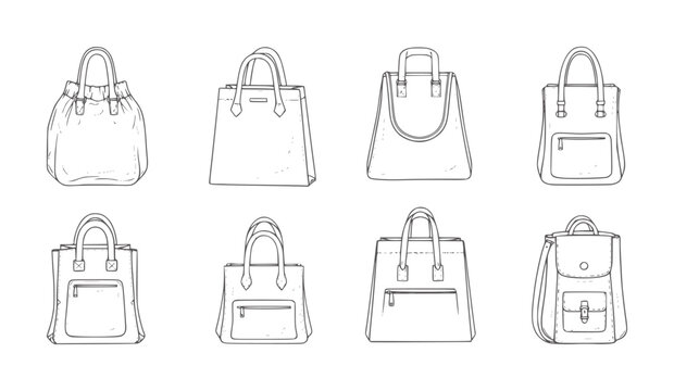 Collection of eight diverse handbag and backpack line tote satchel outline