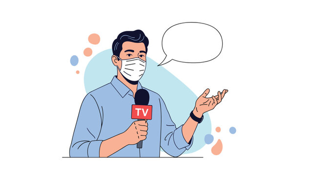 Male news reporter wearing a protective face mask while speaking into a microphone with an empty speech bubble.