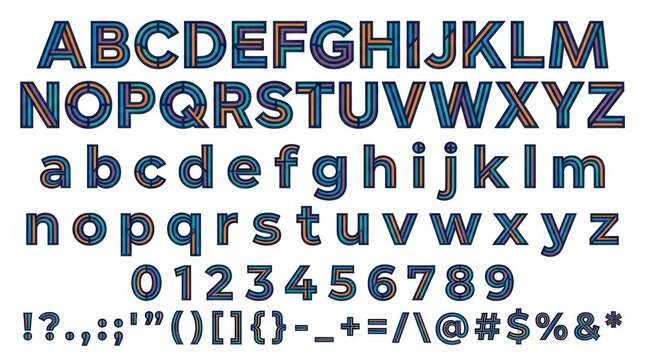 font alphabet in striped geometric style from a to z numbers punctuation isolated on white background