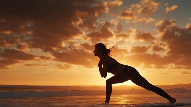 Woman silhouette doing surya namaskar yoga on tropical beach at sunset with colorful twilight sky and calm ocean waves
