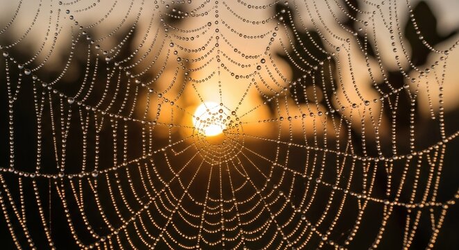 A spider web glistens with dew as morning sun rises behind it.
