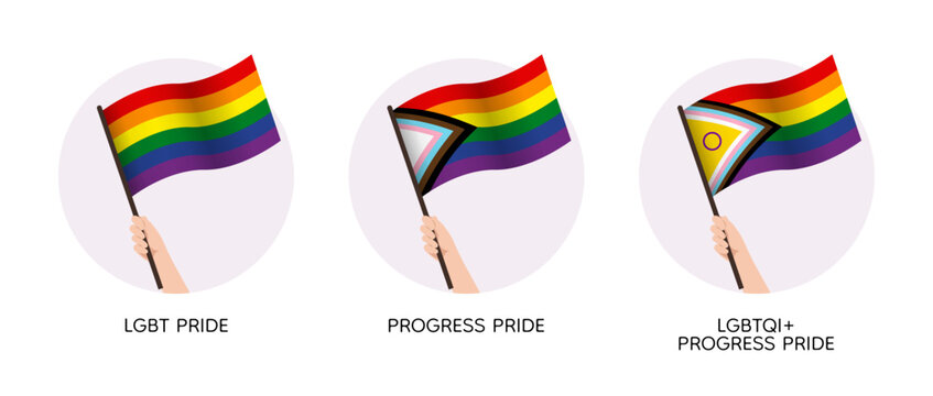 Set of LGBTQI+ waving pride flag in raised hand. Support vector illustration