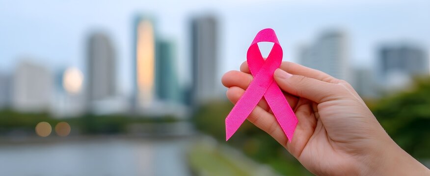 The pink ribbon waves like a soft flag in the city's blurred jungle.