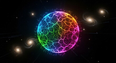 Obraz premium Abstract Rainbow Sphere in Cosmic Galaxy Background with Stars and Nebulas