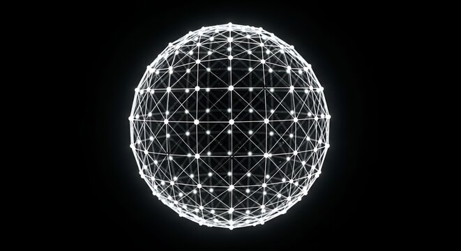 Abstract glowing network sphere on black background, futuristic technology concept