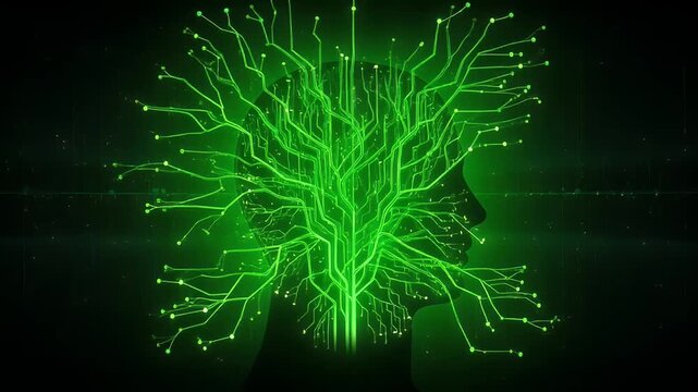 Artificial intelligence and neural network concept with glowing green circuit connections