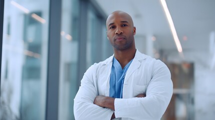 Fototapeta premium Realistic portrait of a confident bald African-American male doctor wearing a white lab coat and scrubs in a bright modern hospital corridor. Medical healthcare concept.