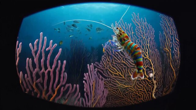 Vibrant peacock mantis shrimp, swimming through coral reef with schools of fish, dynamic underwater scene with colorful sea fans and coral, symbolizing beauty, diversity, and ocean life.