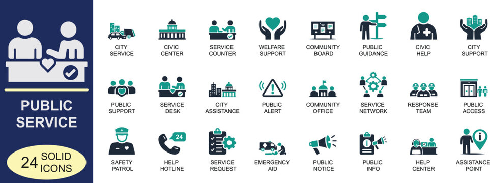 Public service icon set. Featuring community support, safety, assistance and civic service symbols in bold vector style for web, mobile apps, city services and social projects.
