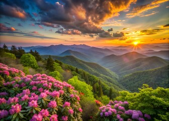 Fototapeta premium The Great Craggy Mountains along the Blue Ridge Parkway in North Carolina, USA with Catawba Rhododendron during a spring season sunset.