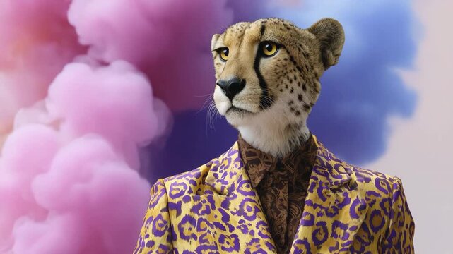 Cheetah in vibrant suit amidst colorful abstract smoke background