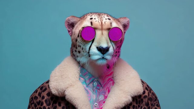 Stylish cheetah in shaggy coat with hypnotic glasses against blue background