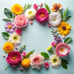Fototapeta premium Colorful Spring Flower Flat Lay Background with Space for Text 