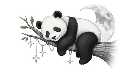 Fototapeta premium Sleeping panda bear on tree branch with moon and sparkling stars