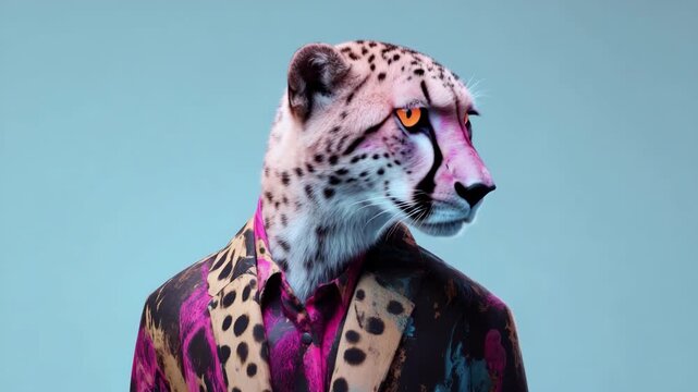 Stylish cheetah in artistic suit against blue background