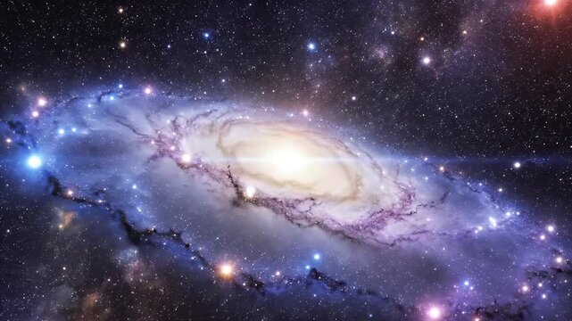 A spiraling galaxy of vibrant blues and purples glows in a star-filled universe