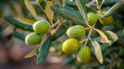 Green olives hang from olive tree branch. Leaves glisten with natural morning light. Tiny speckles dot each fruit's surface. Branches curve gracefully through the frame. Perfect for food, agriculture
