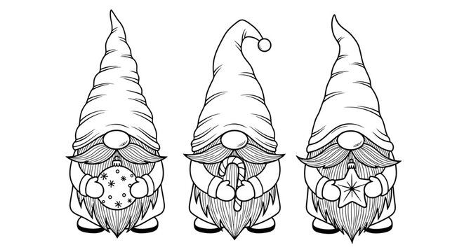 Three Whimsical Christmas Gnomes with Pointed Hats, One Holding a Star, on an Isolated White Background