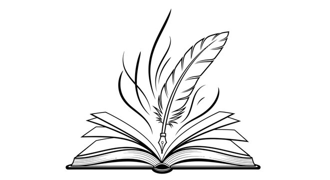 Open book with a feather pen, symbolizing knowledge and writing, isolated white background.