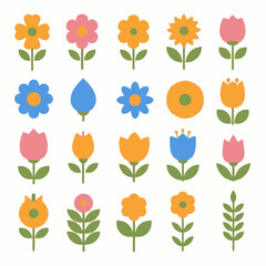 Vibrant Folk Art Flower Collection: Retro Style Floral Icons on White Background
