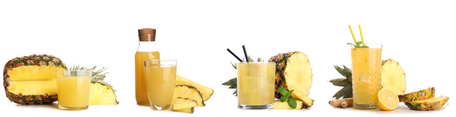 Fototapeta premium Set of fresh pineapple juice on white background