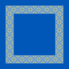 Obraz premium Vector illustration of a Ukrainian embroidery square frame inspired by traditional vyshyvanka ornament. Decorative geometric border in blue and yellow colors created in cross stitch style
