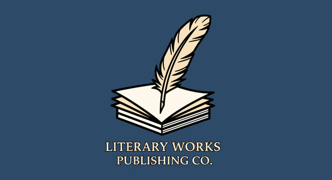 Vintage Quill Pen on Stack of Books for Literary Works Publishing Company Logo on Dark Blue Background