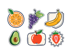 Fruit set design. Apple orange banana grape strawberry avocado artwork. Organic food. Fruit stickers for t shirt print. Healthy vegan lifestyle.