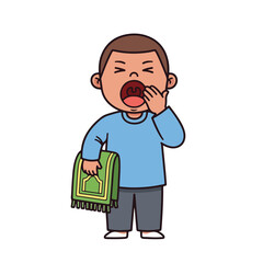 Obraz premium Boy yawning while holding green prayer mat