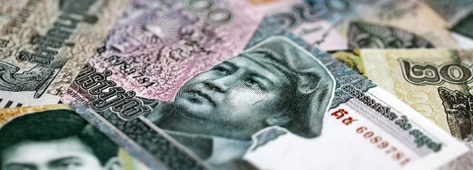 Cambodian riel money bills pile on table. Cambodia banknotes of KHR currency close up. Concept of business, economy and banking in Cambodia © mehaniq41