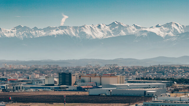 Sibiu city industrial zone with fagaras mountains