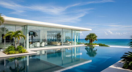 Fototapeta premium A stunning modern glass villa featuring an infinity pool overlooking the blue tropical ocean view