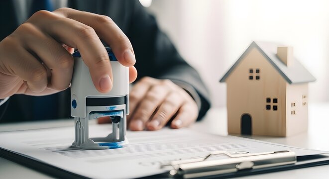 Hand Stamping Official Document for Real Estate Contract on Desk with House Model