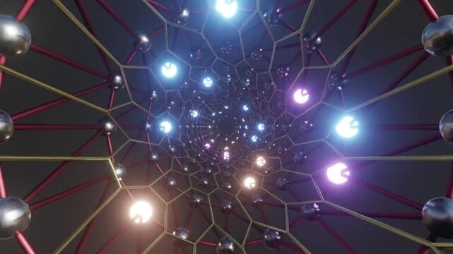 Abstract Carbon Nanotubes Structure with Glowing Particles Moving Through Futuristic Hexagonal Tunnel Loop
