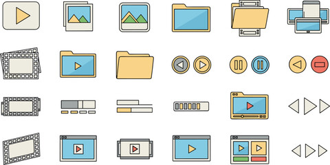 Media File and Video Player Icon Set with Folder Image and Playback Controls