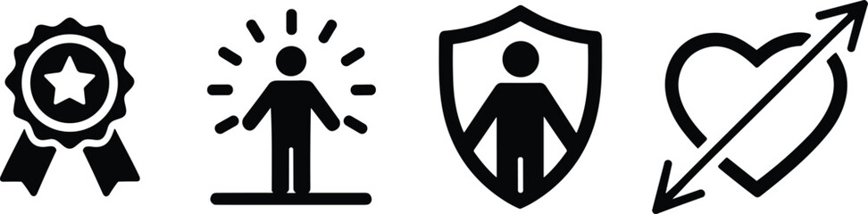 achievement protection love icons set, award badge confident person security shield heart arrow symbols motivation success illustration