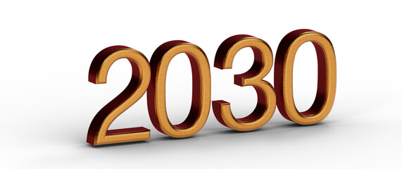 Illustration of the year 2030 in golden 3D text against a clean white backdrop. Perfect for...