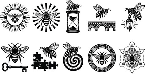 Linocut bee icon pack with symbolic hand-carved shapes, engraved textures, featuring bees inside sun, hourglass, bridge, lantern, key, spiral, and sacred geometry. 