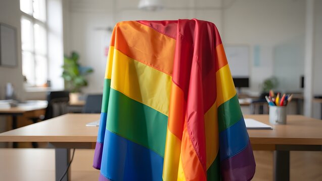 Rainbow Flag Draped Over Chair in Modern Office Workspace