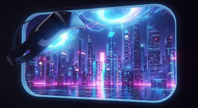 Virtual reality headset viewing cyberpunk cityscape through window